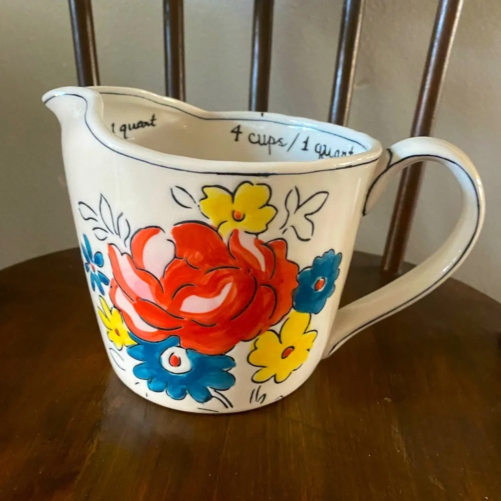 Anthropologie Measuring Cup MOLLY HATCH Pitcher FLOWERPATCH Quart Handle